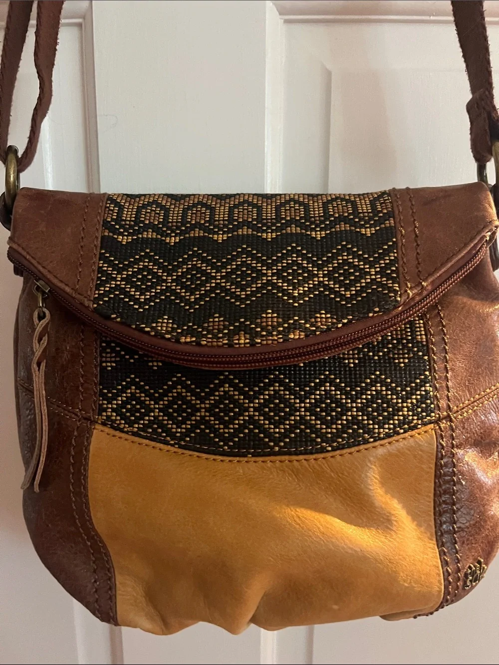The Sak Deena Flap Brown & Mustard Leather Crossbody Bag with Woven Detail